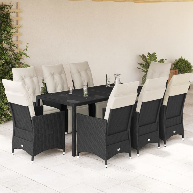 9 Piece Garden Dining Set with Cushions Black Poly Rattan