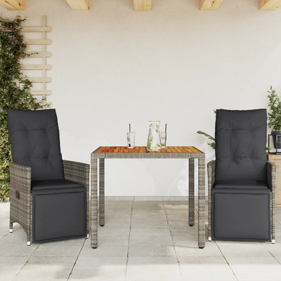 3 Piece Garden Bistro Set with Cushions Grey Poly Rattan