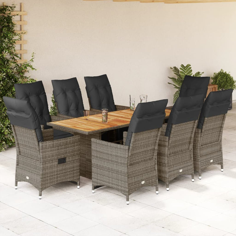 9 Piece Garden Bistro Set with Cushions Grey Poly Rattan