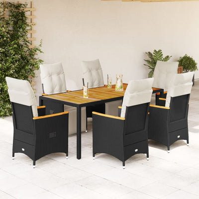 7 Piece Garden Bistro Set with Cushions Black Poly Rattan