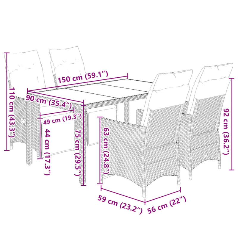 5 Piece Garden Bistro Set with Cushions Grey Poly Rattan