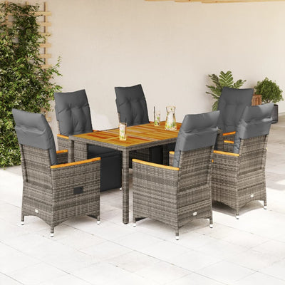 7 Piece Garden Bistro Set with Cushions Grey Poly Rattan