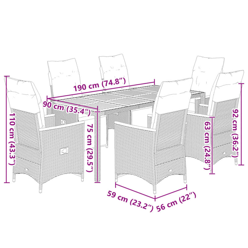 7 Piece Garden Bistro Set with Cushions Grey Poly Rattan