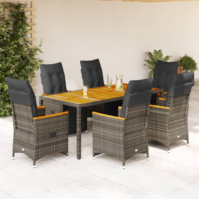 7 Piece Garden Bistro Set with Cushions Grey Poly Rattan