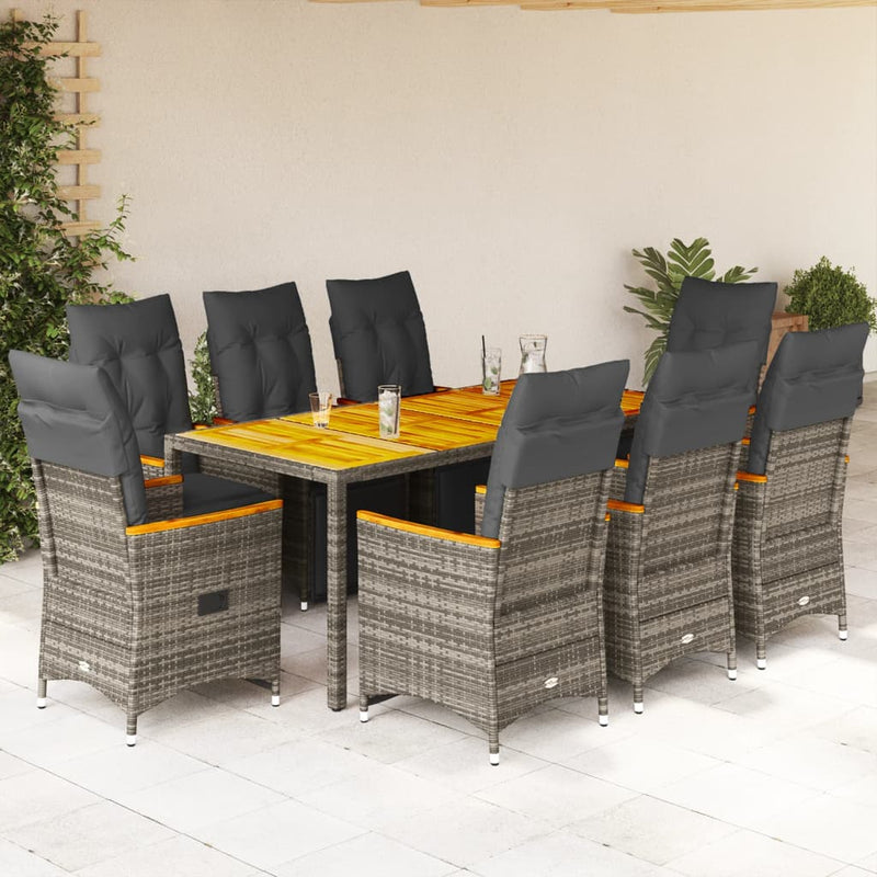 9 Piece Garden Bistro Set with Cushions Grey Poly Rattan