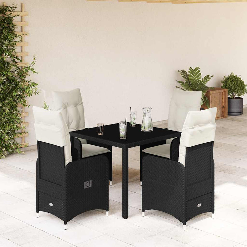 5 Piece Garden Bistro Set with Cushions Black Poly Rattan