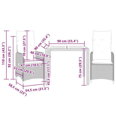 3 Piece Garden Bistro Set with Cushions Grey Poly Rattan