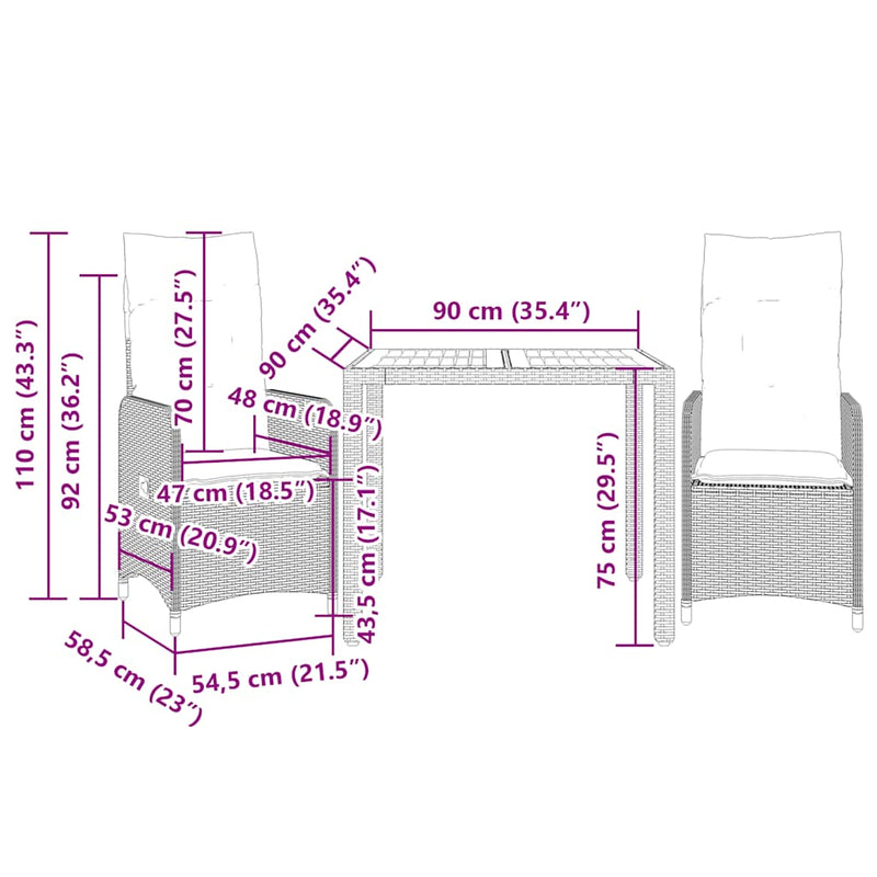 3 Piece Garden Bistro Set with Cushions Grey Poly Rattan