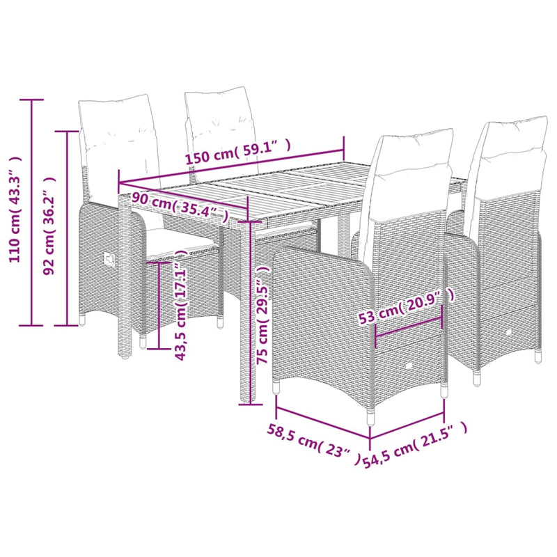 5 Piece Garden Bistro Set with Cushions Grey Poly Rattan