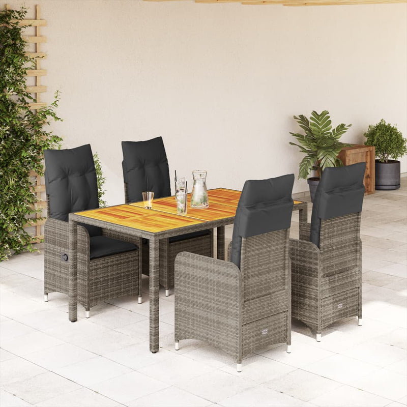 5 Piece Garden Bistro Set with Cushions Grey Poly Rattan