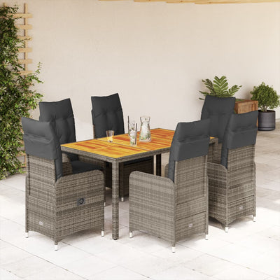 7 Piece Garden Bistro Set with Cushions Grey Poly Rattan