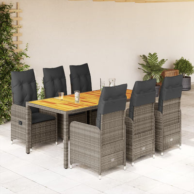 7 Piece Garden Bistro Set with Cushions Grey Poly Rattan