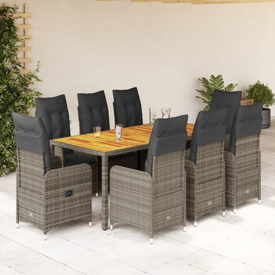 9 Piece Garden Bistro Set with Cushions Grey Poly Rattan