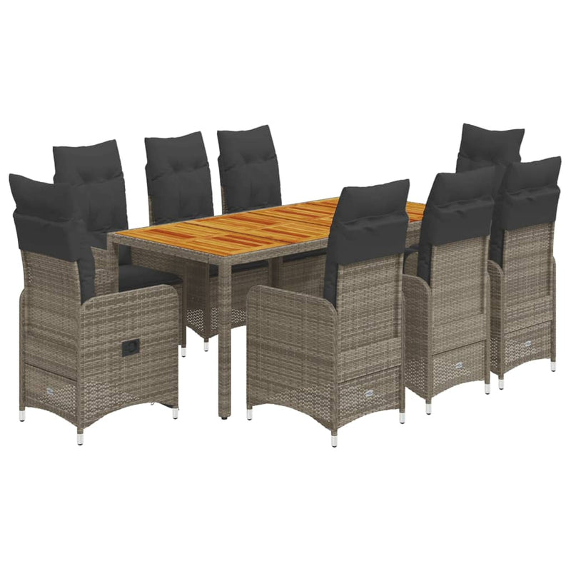 9 Piece Garden Bistro Set with Cushions Grey Poly Rattan