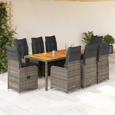 9 Piece Garden Bistro Set with Cushions Grey Poly Rattan