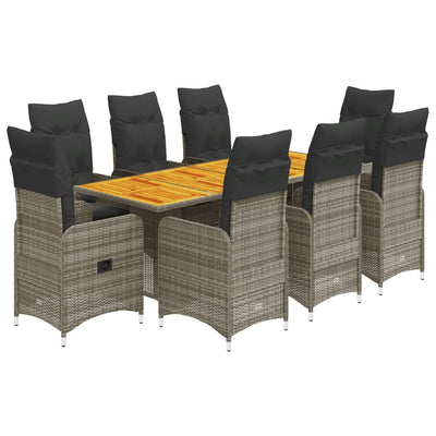 9 Piece Garden Bistro Set with Cushions Grey Poly Rattan