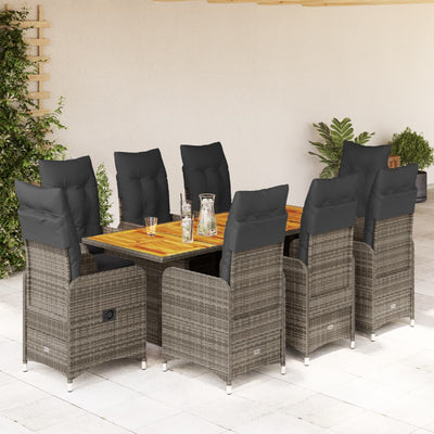 9 Piece Garden Bistro Set with Cushions Grey Poly Rattan