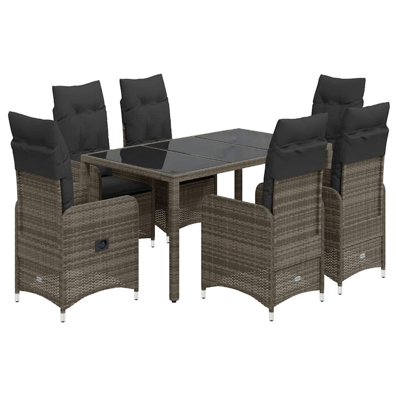 7 Piece Garden Bistro Set with Cushions Grey Poly Rattan