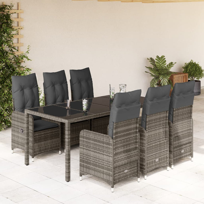 7 Piece Garden Bistro Set with Cushions Grey Poly Rattan