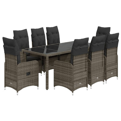 9 Piece Garden Bistro Set with Cushions Grey Poly Rattan