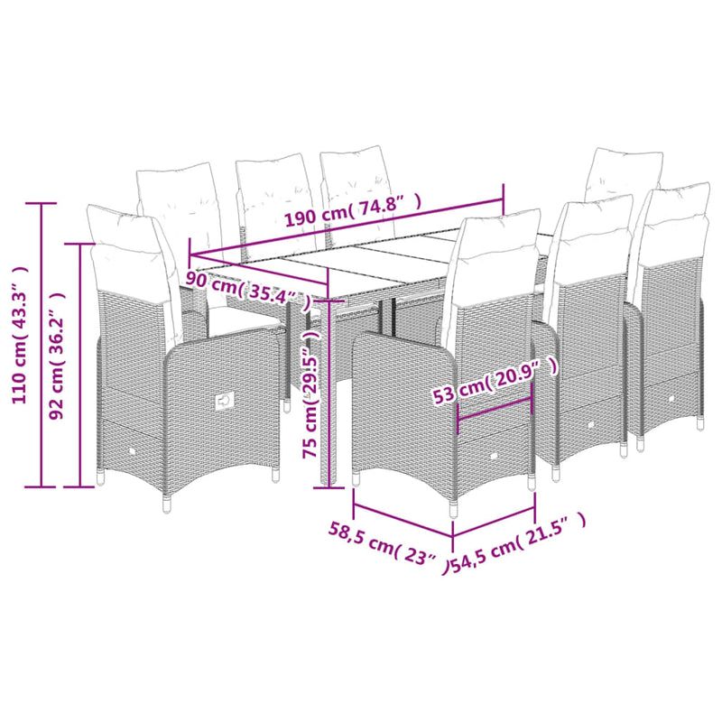 9 Piece Garden Bistro Set with Cushions Grey Poly Rattan