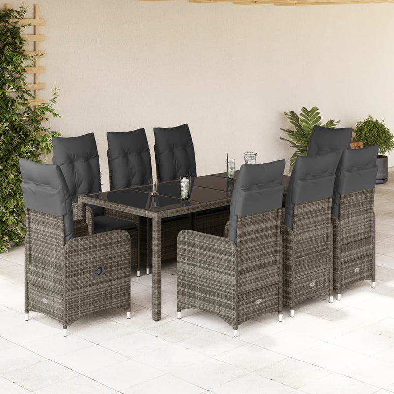 9 Piece Garden Bistro Set with Cushions Grey Poly Rattan