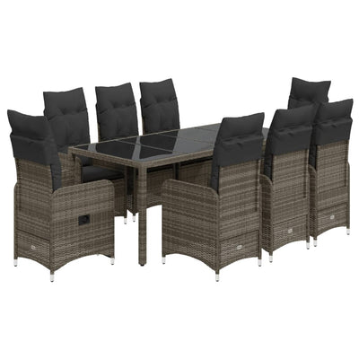 9 Piece Garden Bistro Set with Cushions Grey Poly Rattan