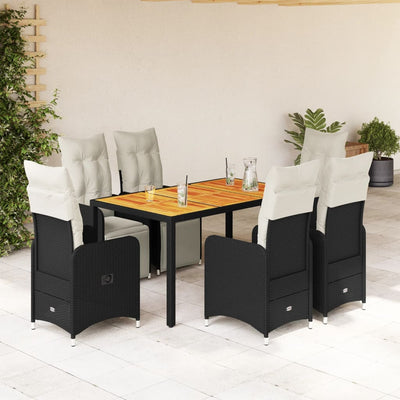 7 Piece Garden Bistro Set with Cushions Black Poly Rattan