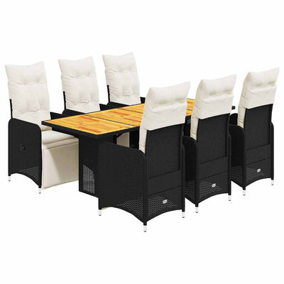 7 Piece Garden Bistro Set with Cushions Black Poly Rattan