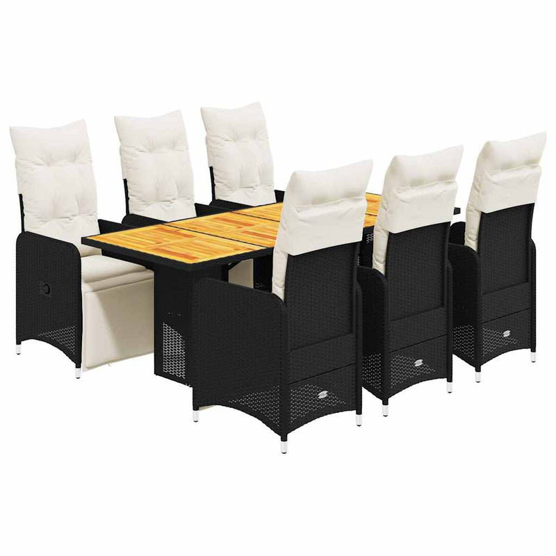 7 Piece Garden Bistro Set with Cushions Black Poly Rattan