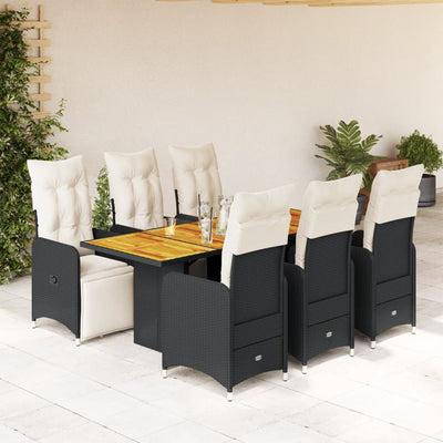 7 Piece Garden Bistro Set with Cushions Black Poly Rattan