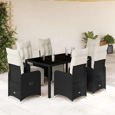 7 Piece Garden Bistro Set with Cushions Black Poly Rattan