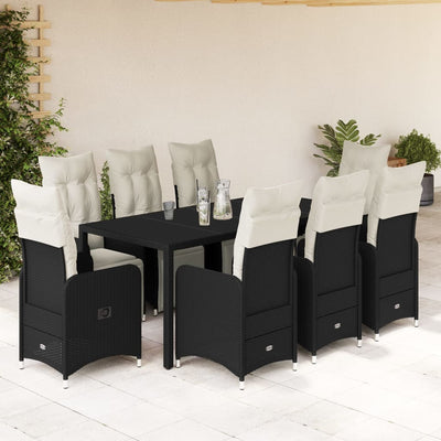 9 Piece Garden Bistro Set with Cushions Black Poly Rattan