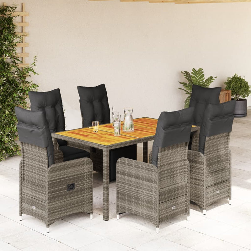 7 Piece Garden Bistro Set with Cushions Grey Poly Rattan