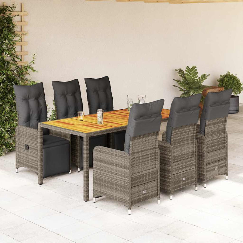 7 Piece Garden Bistro Set with Cushions Grey Poly Rattan