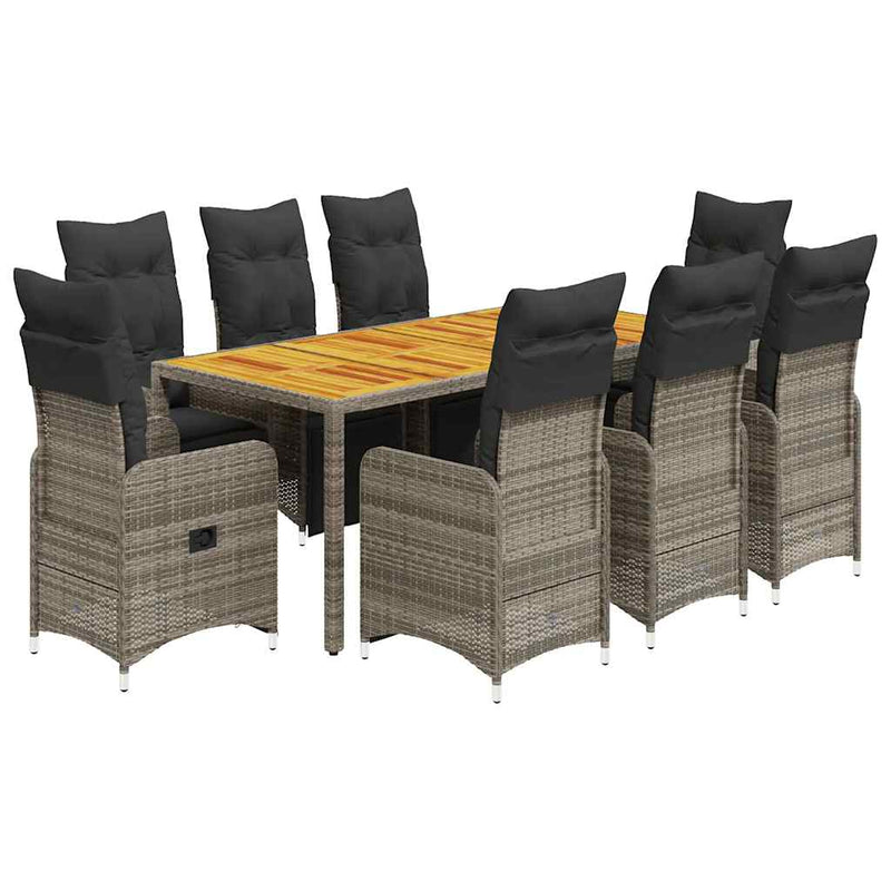 9 Piece Garden Bistro Set with Cushions Grey Poly Rattan