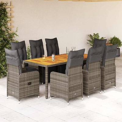 9 Piece Garden Bistro Set with Cushions Grey Poly Rattan