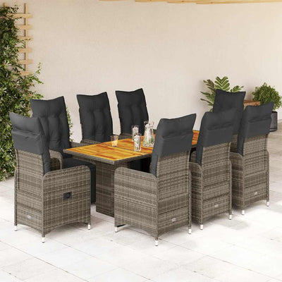 9 Piece Garden Bistro Set with Cushions Grey Poly Rattan