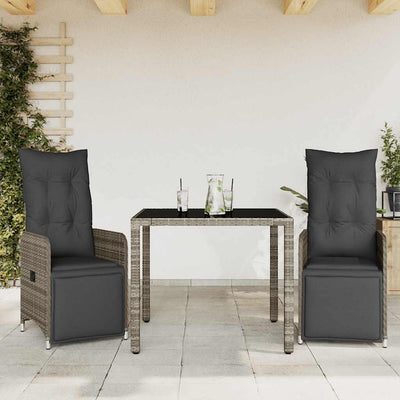 3 Piece Garden Bistro Set with Cushions Grey Poly Rattan