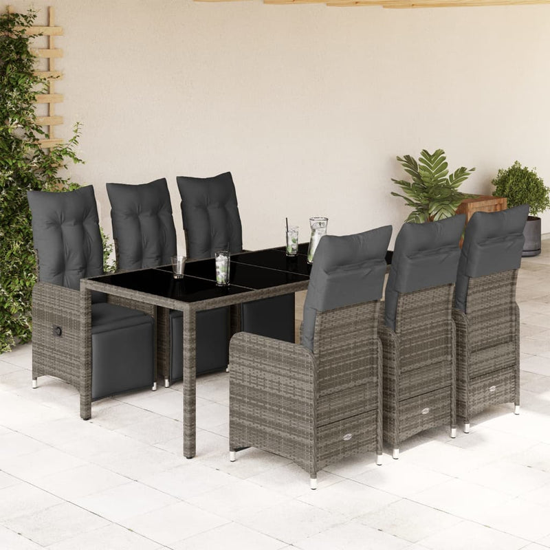 7 Piece Garden Bistro Set with Cushions Grey Poly Rattan