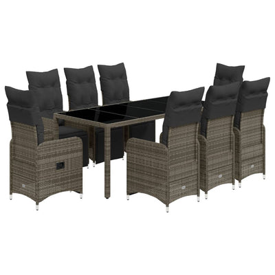 9 Piece Garden Bistro Set with Cushions Grey Poly Rattan