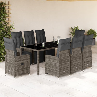 9 Piece Garden Bistro Set with Cushions Grey Poly Rattan