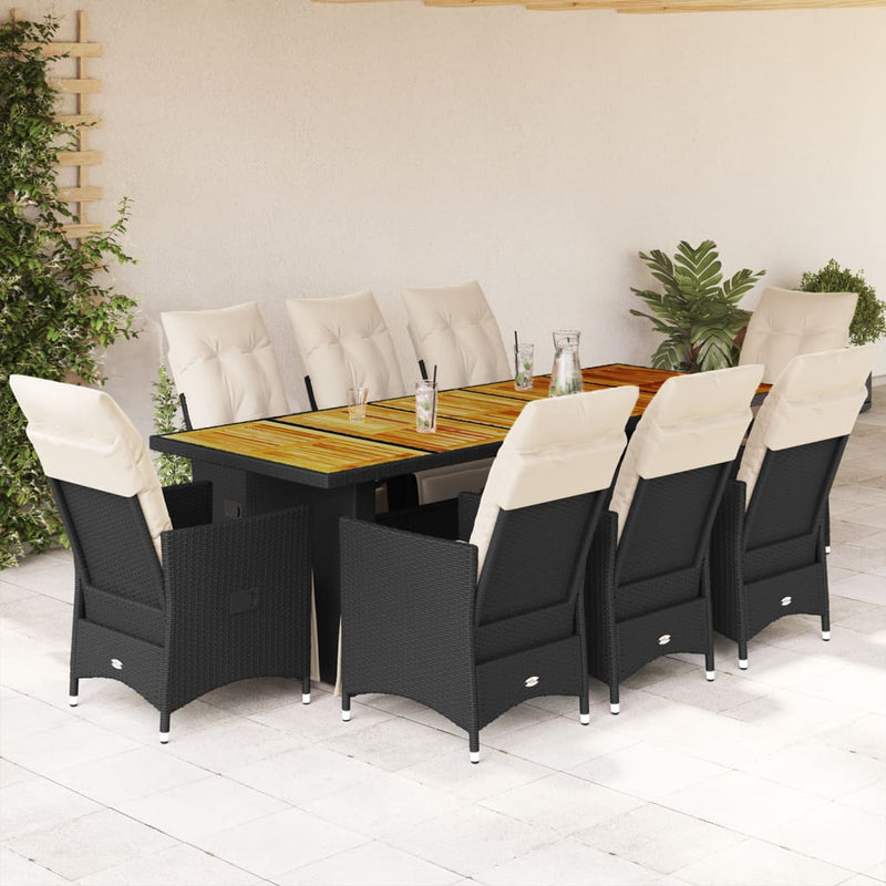 9 Piece Garden Bistro Set with Cushions Black Poly Rattan