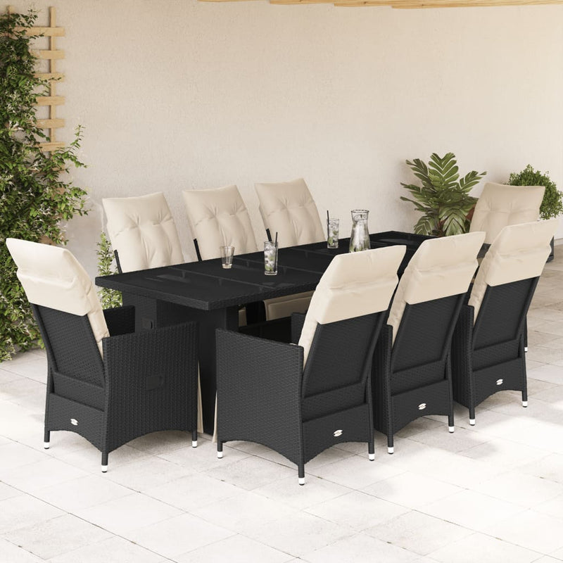 9 Piece Garden Bistro Set with Cushions Black Poly Rattan