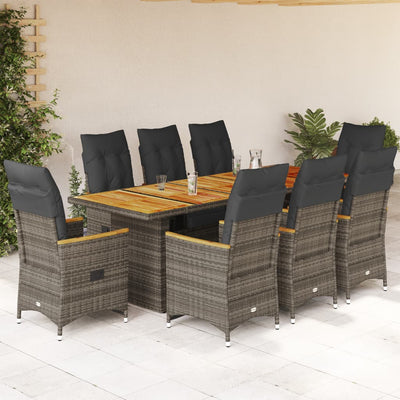 9 Piece Garden Bistro Set with Cushions Grey Poly Rattan