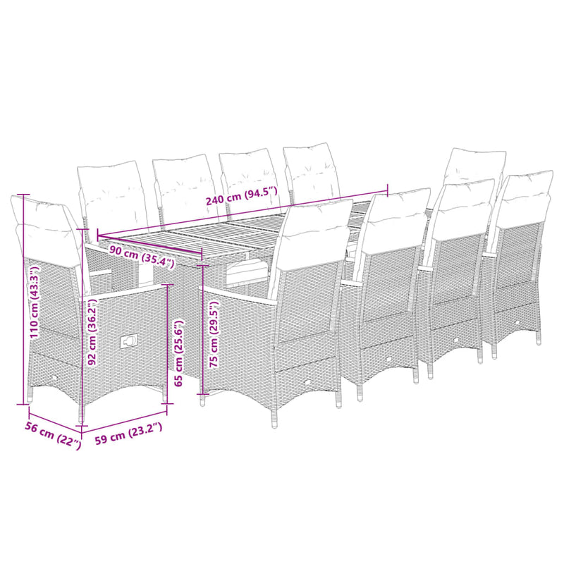 11 Piece Garden Bistro Set with Cushions Grey Poly Rattan