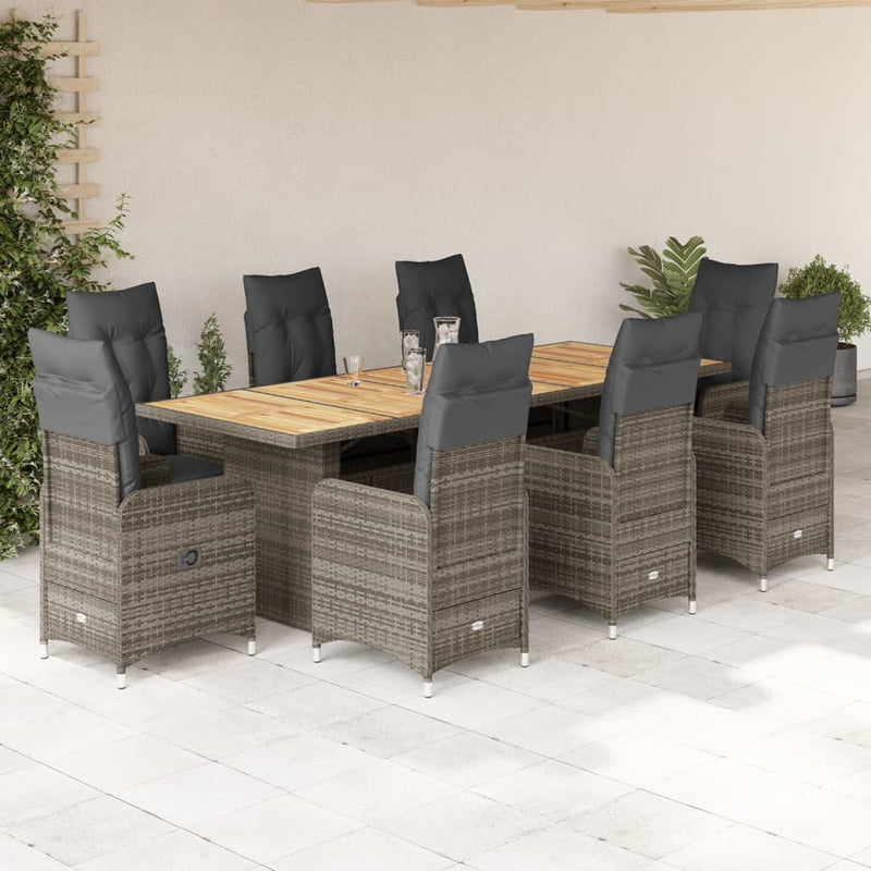 9 Piece Garden Bistro Set with Cushions Grey Poly Rattan