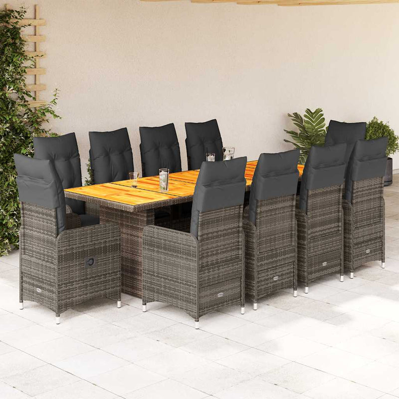 11 Piece Garden Bistro Set with Cushions Grey Poly Rattan