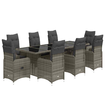 9 Piece Garden Bistro Set with Cushions Grey Poly Rattan