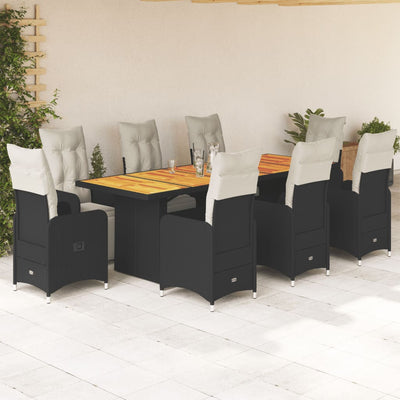 9 Piece Garden Bistro Set with Cushions Black Poly Rattan